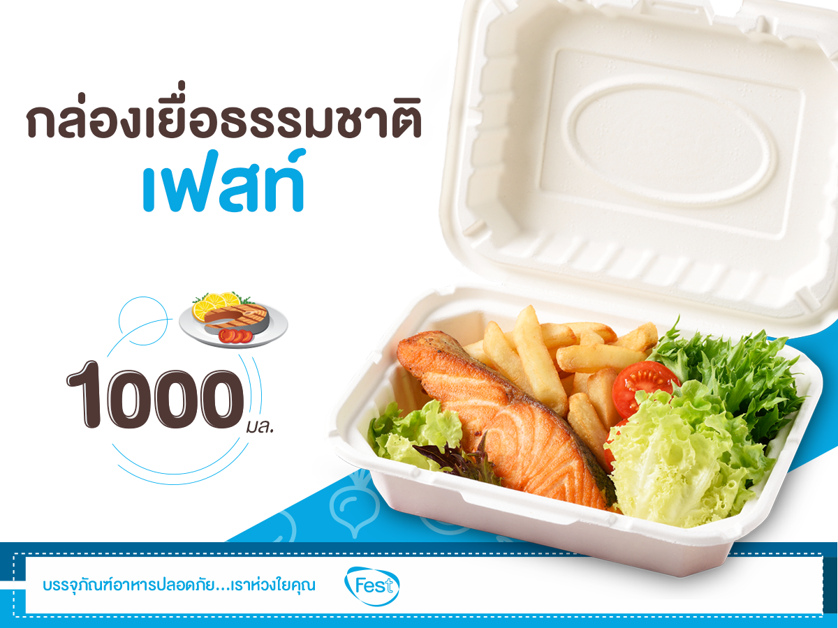 FEST กล่องอาหาร เยื่อธรรมชาติ ทรงเหลี่ยมผืนผ้า 1000 มล. 50 ใบ B029 ขนาด 227 x 172 x 66 มม. กล่องข้าว ใช้แล้วทิ้ง