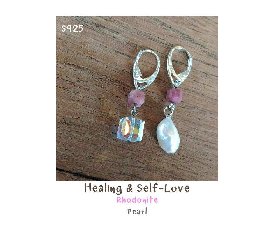 ต่างหู ประดับหินแท้ Rhodonite + Natural Pearl Clip Earring (เสริมคลื่นพลังความรัก และการเยียวยา)