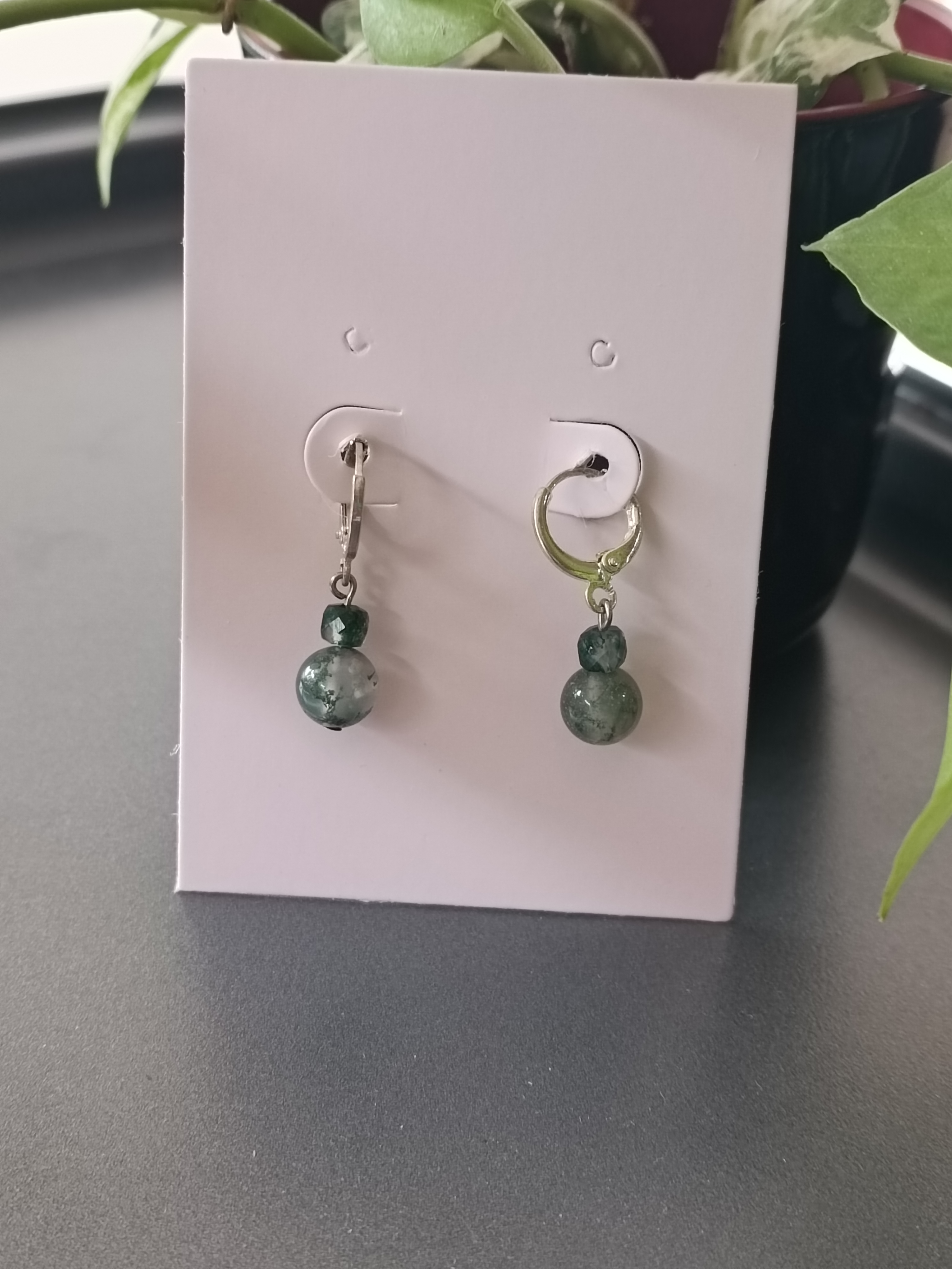 "Silver Hoop" ต่างหูเงินแท้92.5 ประดับ Moss Agate Earring,(สุขภาพแข็งแรง)