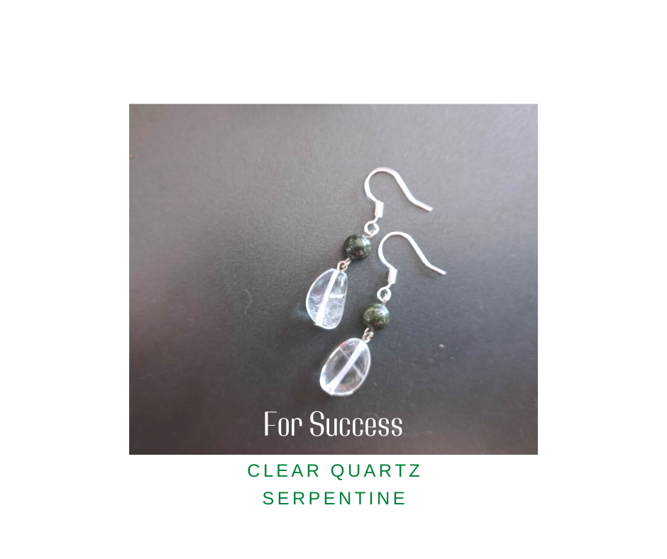 ต่างหูเงินแท้ 92.5 ประดับด้วยหินแท้ "Flow" Serpentine+ Clear Quartz ( For Success)