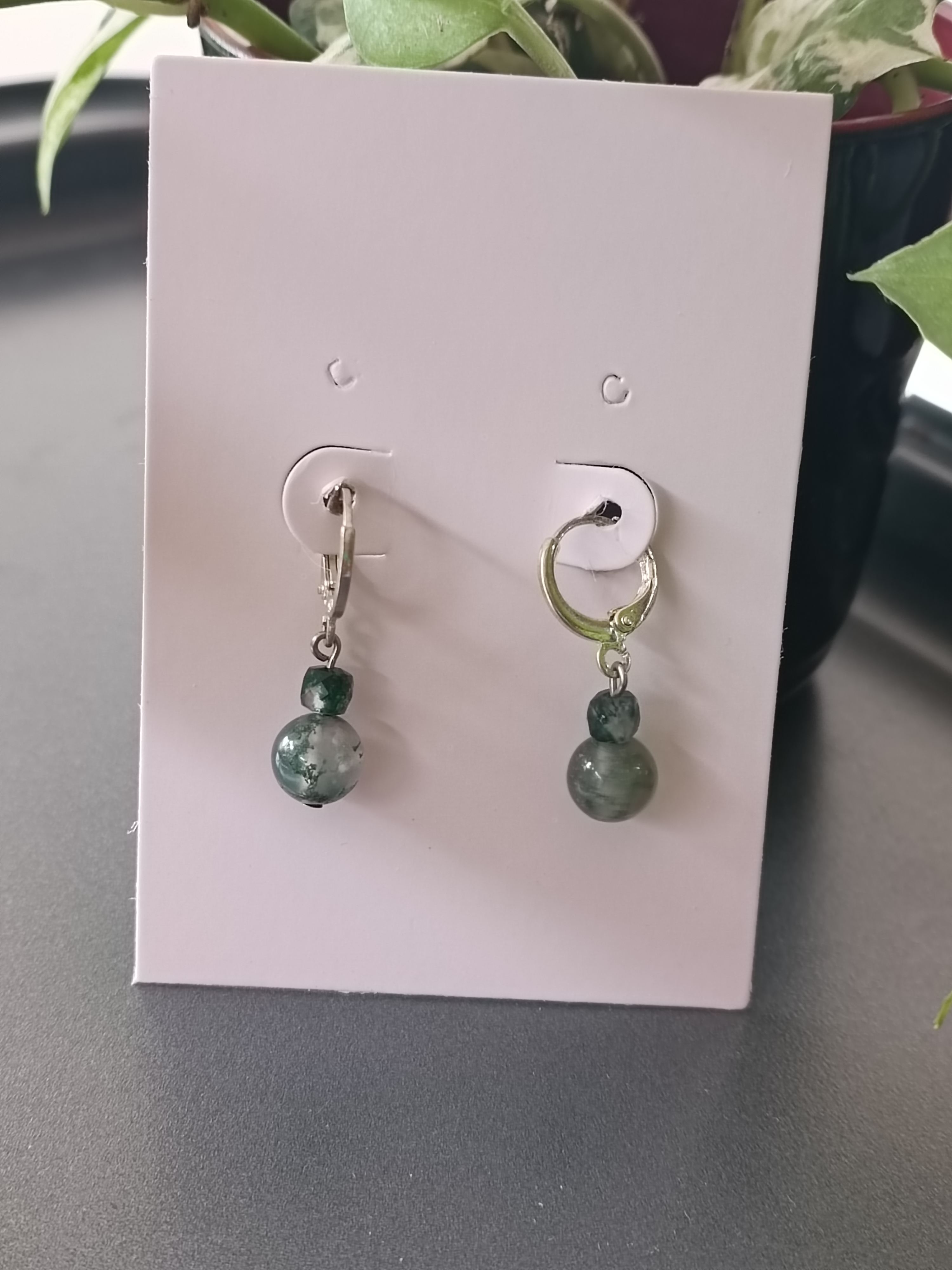 "Silver Hoop" ต่างหูเงินแท้92.5 ประดับ Moss Agate Earring,(สุขภาพแข็งแรง)