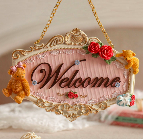ป้าย welcome ลายน้องหม และกุหลาบ