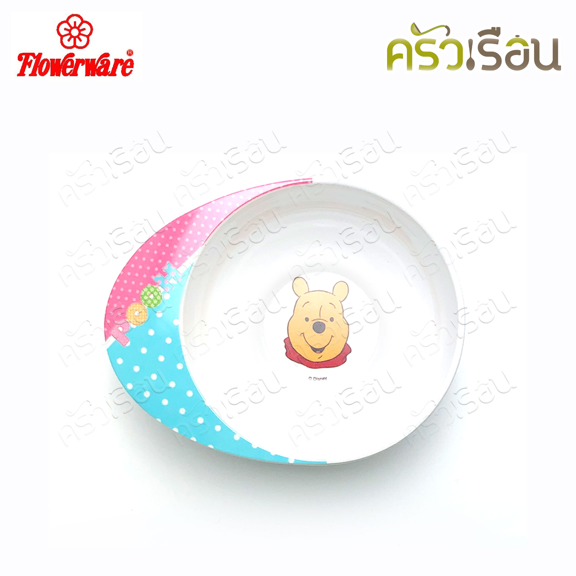 Flowerware ลาย Pooh Blue Spot white หมีพูห์ พูห์ บลู สปอต ไวท์ [ ราคาต่อชิ้น ] ชาม หรือ แก้วน้ำ หรือ ถาดหลุม เมลามีน