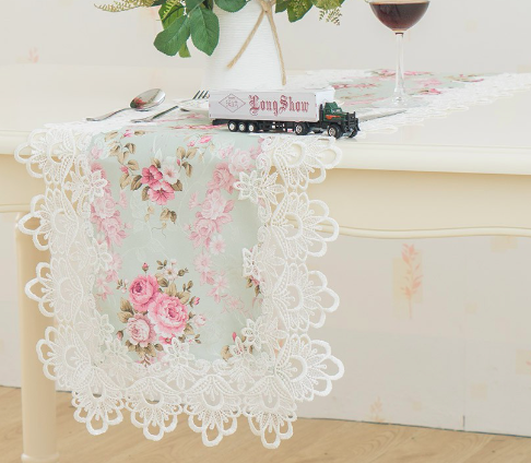 ผ้าปูโต๊ะอาหาร ผ้าปูโต๊ะลายวินเทจ 40x200 cm table runner กุหลาบพาสเทล เขียวอมฟ้า