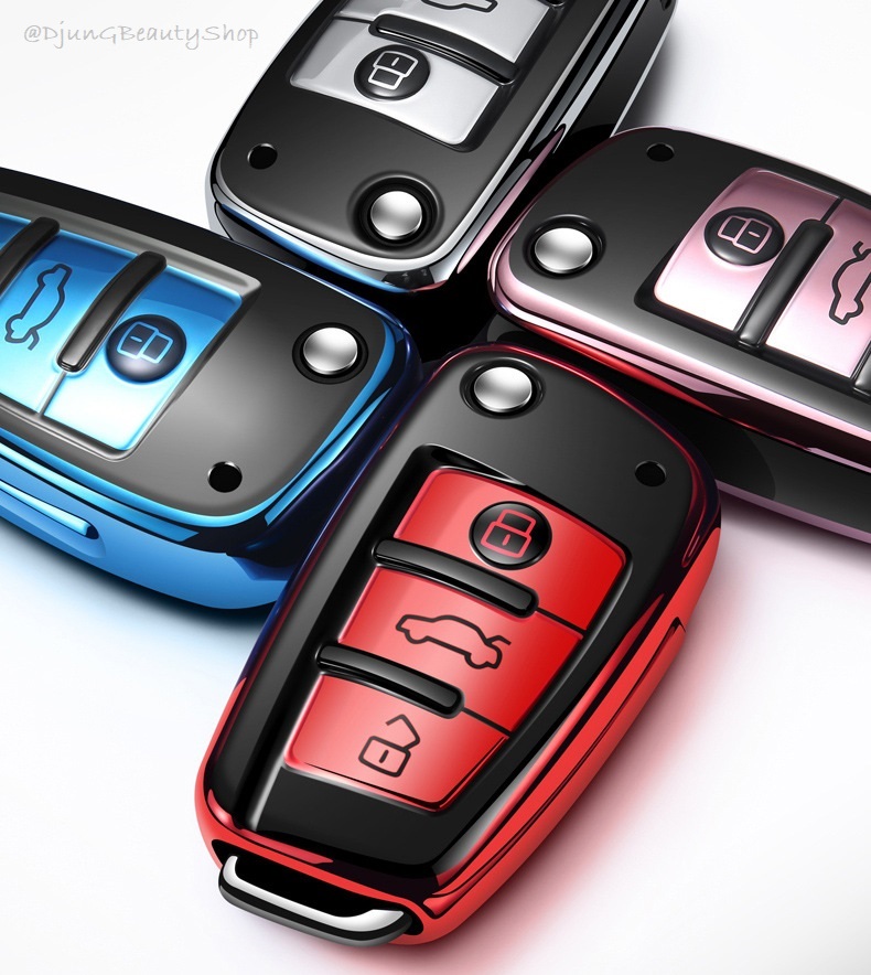 กรอบเคสกุญแจรีโมทรถยนต์ ออดี้ กุญแจพับข้าง (TPU Key Cover with Colorful PC Push button Guard) Audi folding Key A8 / A6 / A3 Q3 Q7 R8