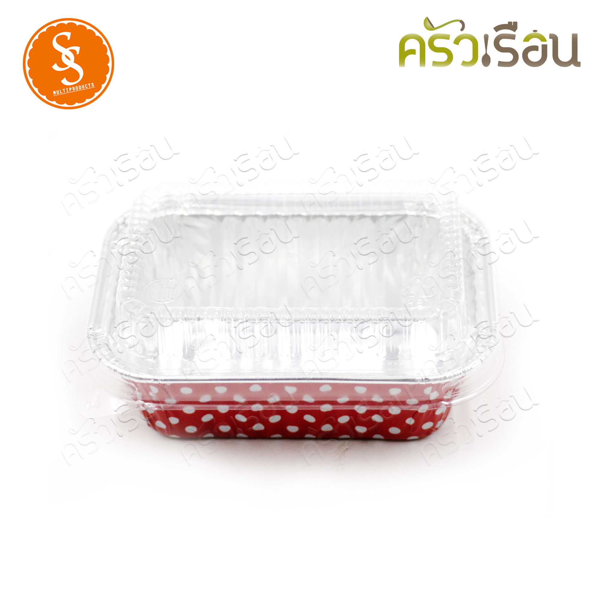 SS 4004 Square foil tray, rectangular, red with white dots + 10 lids, capacity 140 ml., size 75 x 105 x 32 mm., foil tray