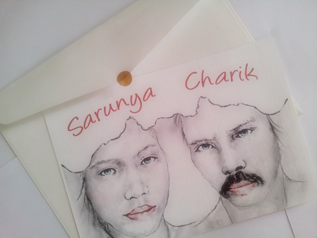 การ์ดแต่งงานรูปคู่ ลายภาพวาด โทนสีคลาสสิค ดีไซน์ไม่เหมือนใคร ออกแบบได้เฉพาะคุณ