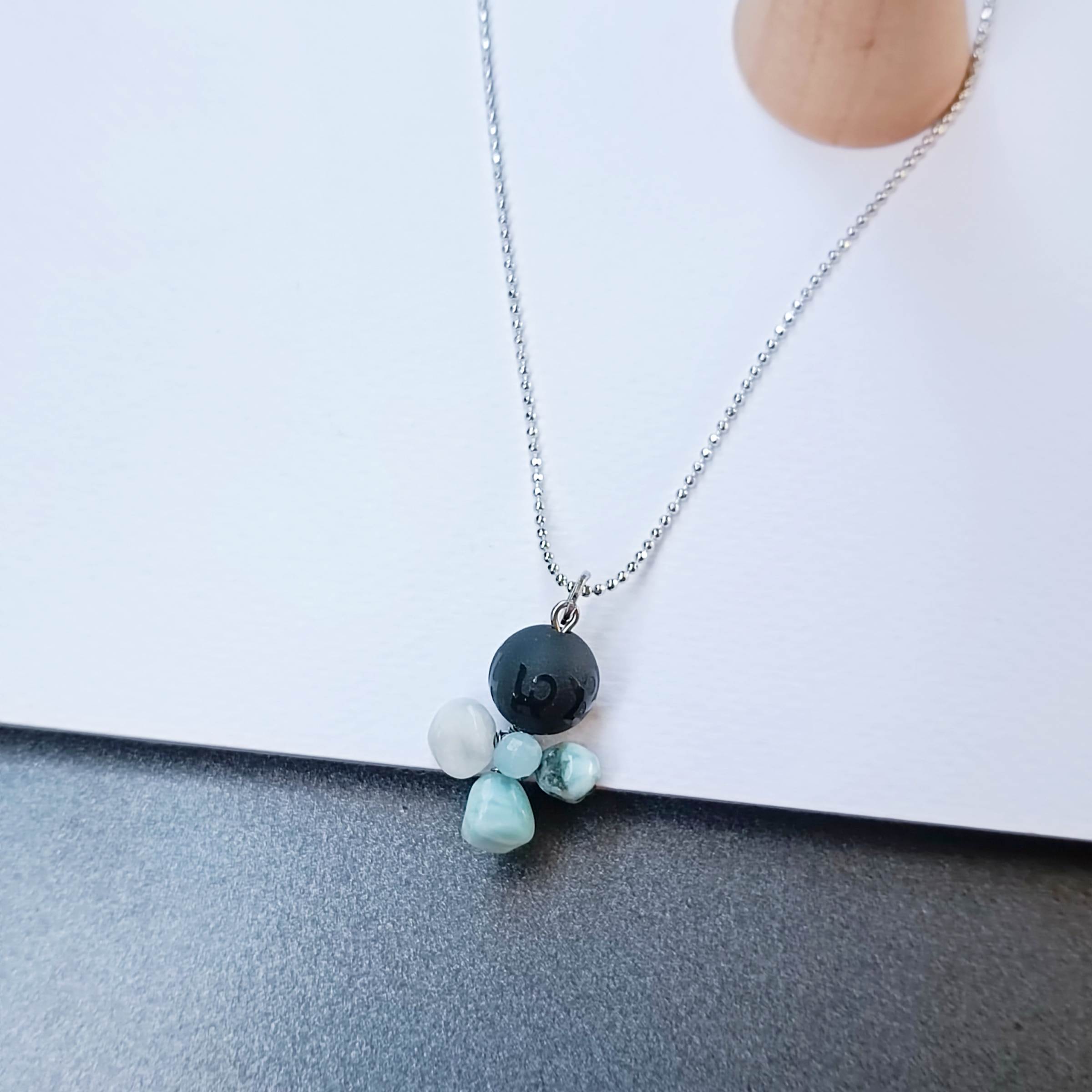 "Little Vivian" สร้อยพร้อมจี้หินแท้ Black Obsidian +Larimar Necklace ( ปกป้อง คุ้มครอง )