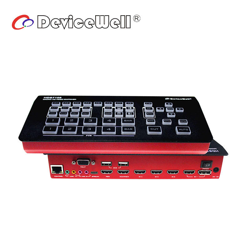 DeviceWell HDS7105_V2021: เครื่องสลับสัญญาณวิดีโอ Full HD 5 ช่อง (4x HDMI + 1x DP) แบบ Mini พร้อม USB Streaming, T-Bar และ Audio Mixer สำหรับ Live Events และ Webcasting