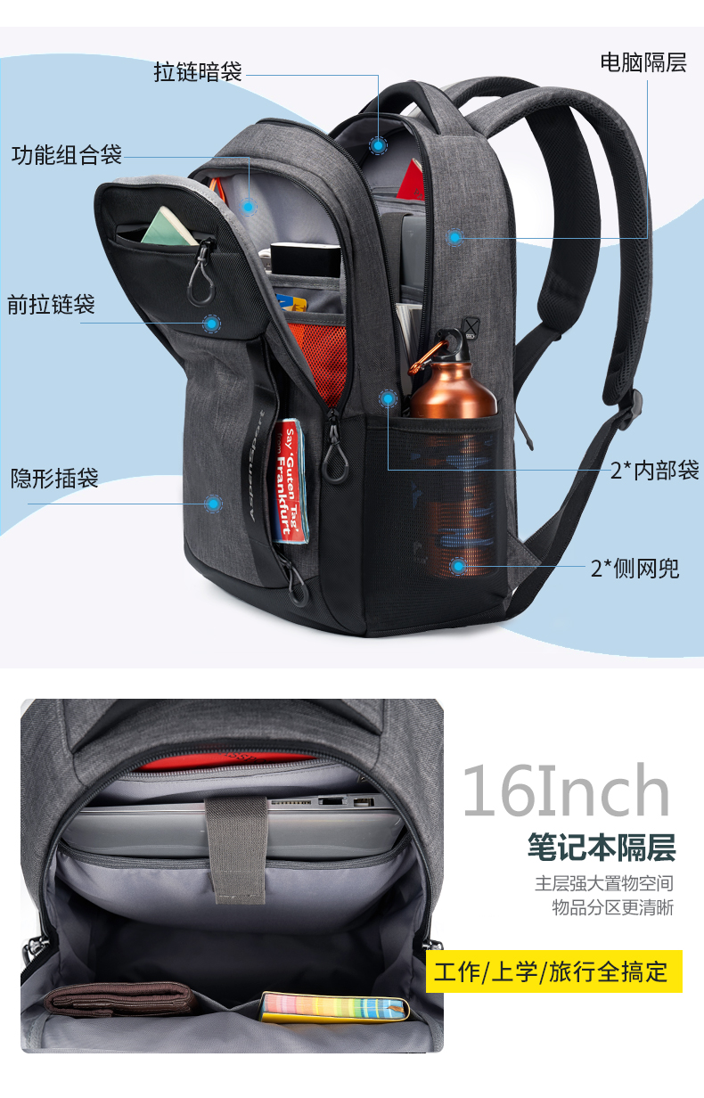 AspenSport Backpack Laptop กระเป๋าสะพายหลัง กระเป๋าโน๊ตบุ๊ค 14-16 นิ้ว กระเป๋าเดินทาง รุ่น AS-B80 ขนาด สีเทา-ดำ