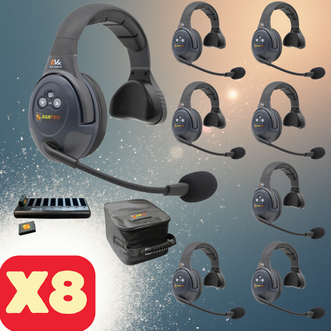 Eartec EVADE EVx8S Full Duplex Wireless Intercom System with 8 Single-Ear Headsets (2.4 GHz)