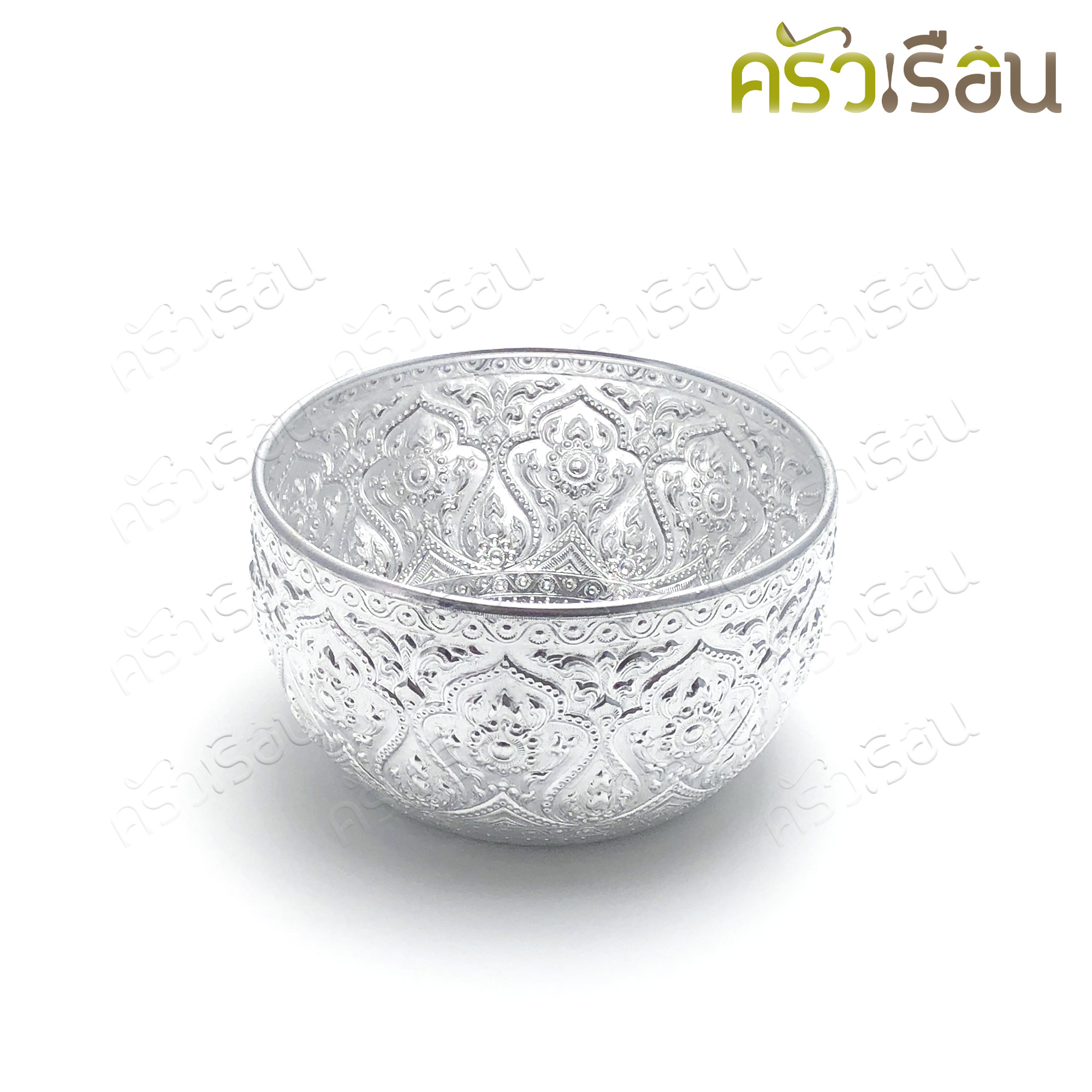 Aluminium Thai style water bowl with standing tray and Thai style Ladle, silver, top dimension 20 cm. ได้ทัพพีด้วย