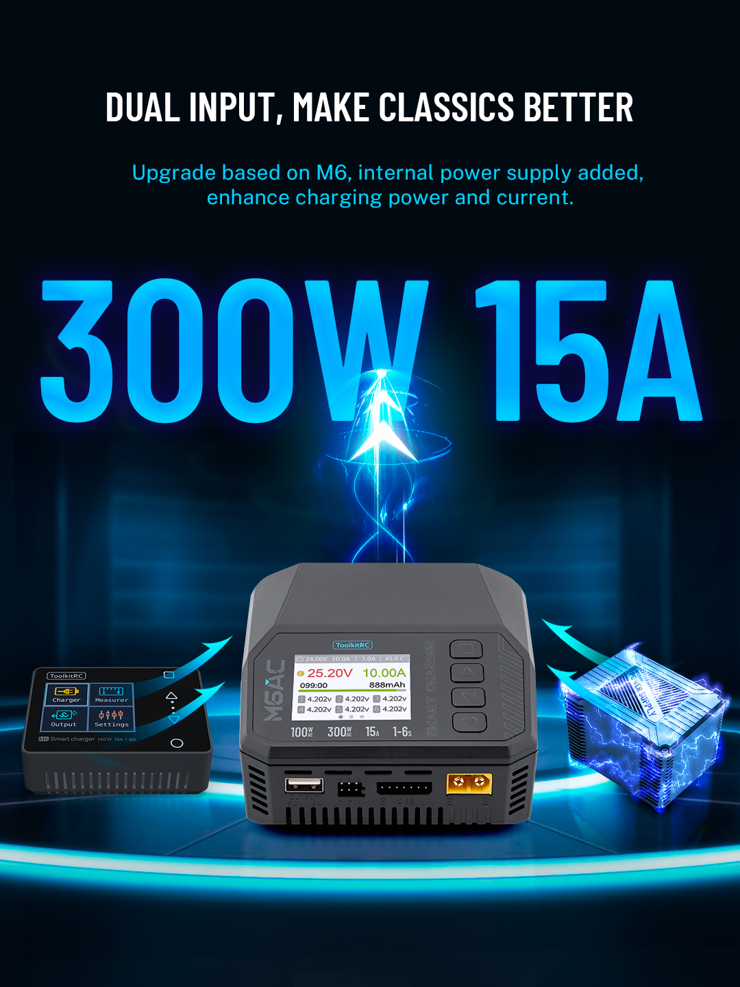 ToolkitRC M6AC 300W 15A Dual Input Multi-function Battery Charger IPS LCD Display For 1-6S Lipo LiHV LiFe, 1-16S NiMH