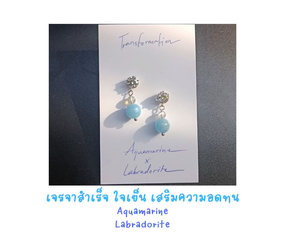 ต่างหูเงินแท้ 92.5 ชุป Platinum ประดับหินแท้ Aquamarine Sterling Silver Earring (ทลายกำแพงการสื่อสาร พูดได้เงิน เสริมความใจเย็น)