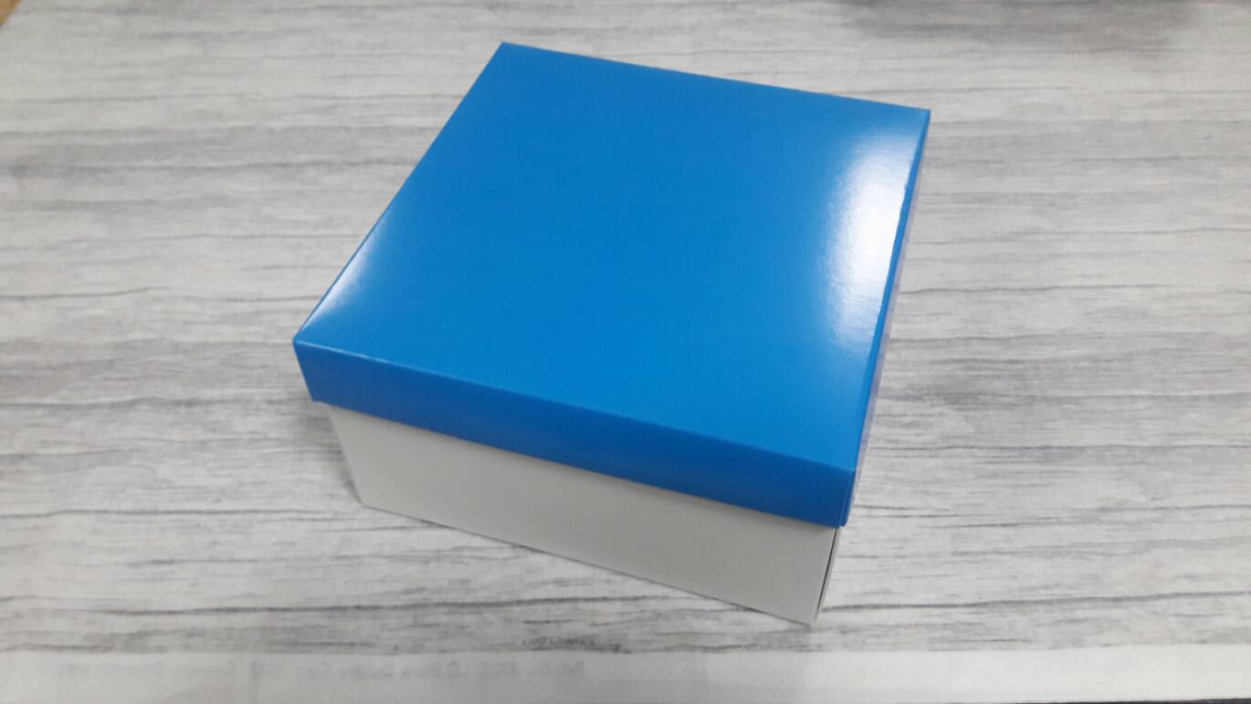 กล่องแบบมีฝาครอบ กล่องอเนกประสงค์ ขนาด 16.5 * 16.5 * 9 ซม. ตัวกล่องสีขาว ฝาครอบสีฟ้า ราคา 435 บาท ต่อแพ็ค (20 ใบ)