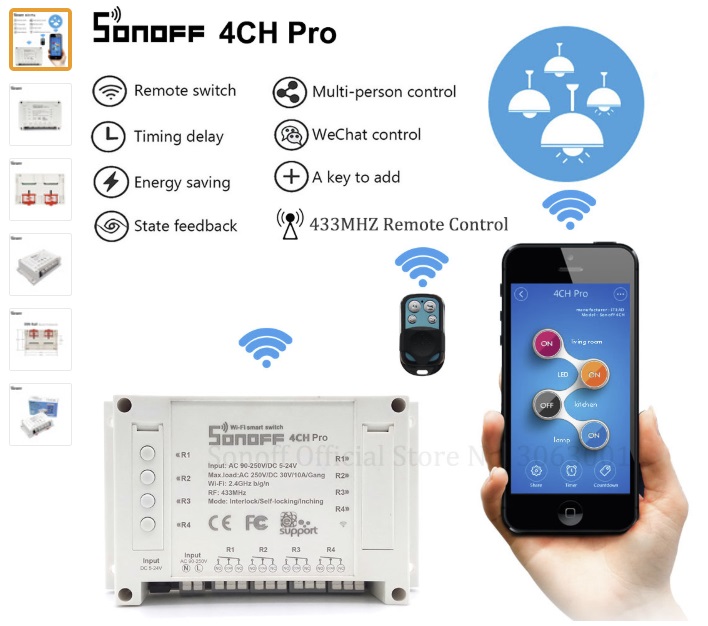 Sonoff 4CH Pro Smart Home RF Wifi Light Switch 4 Gang 3 Working Modes Inching Interlock Self-locking Wifi Switch Work With Alexa