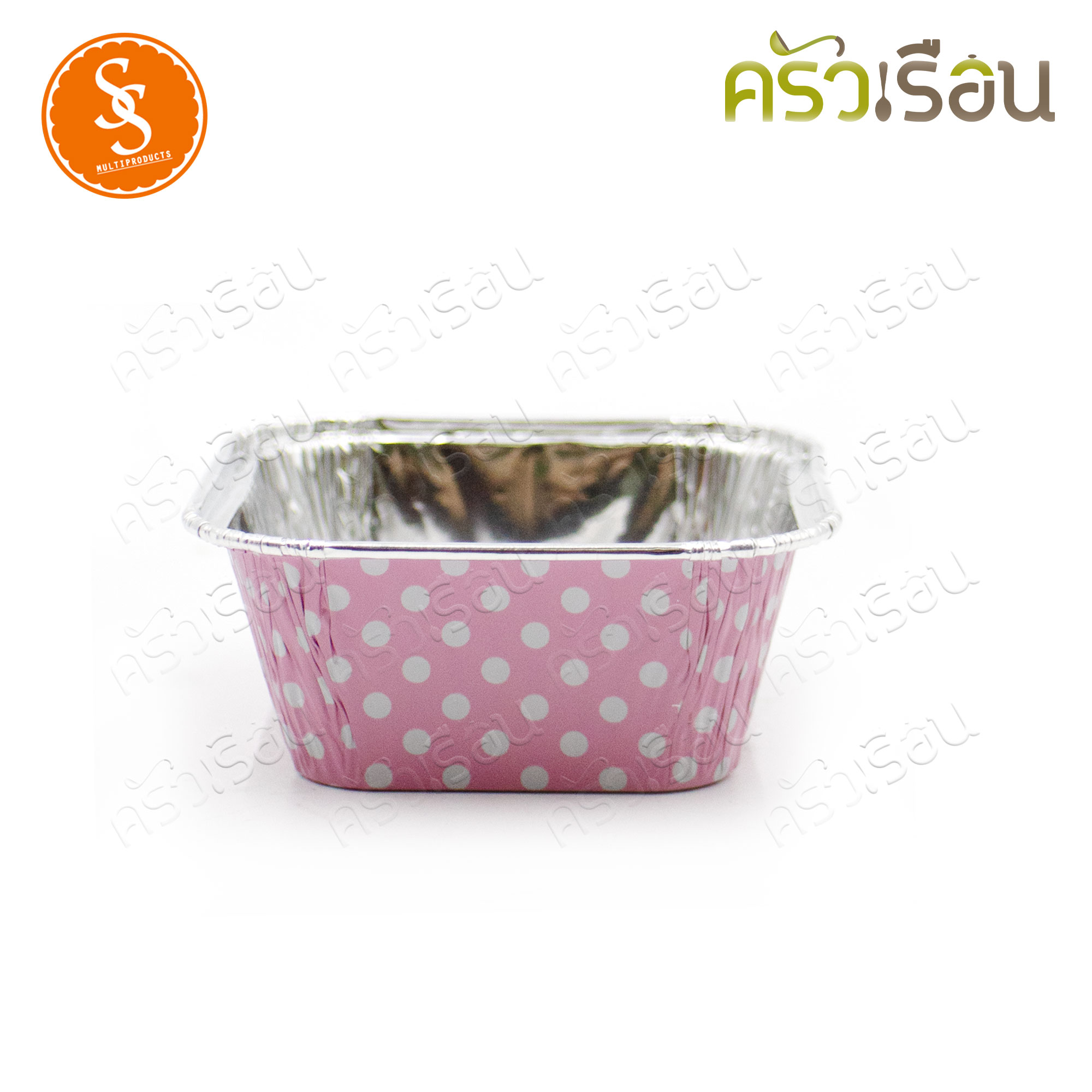 SS 4001 ถาดฟอยล์เหลี่ยม จตุรัส สีชมพูลายจุุดขาว + ฝา 10 ชุด ความจุ 90 ml. ขนาด 76 x 52 x 30 มม. ถาดฟอล์ย