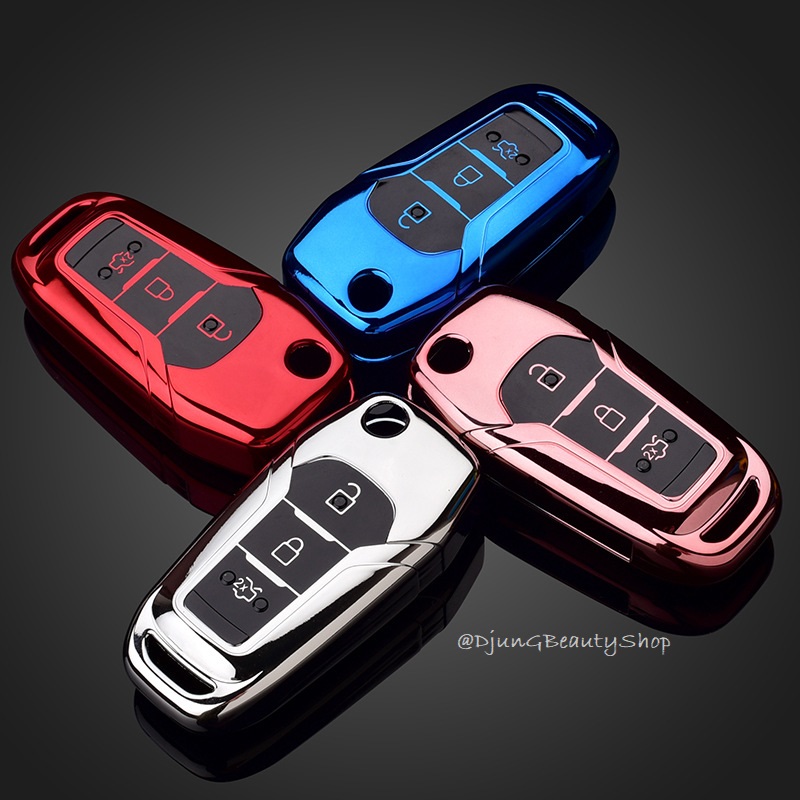 กรอบเคสกุญแจรีโมทรถยนต์ Ford Premium Grade แบบใหม่ 2020 (New VIP Key Shell, TPU Key Cover with Colorful PC Push button Guard) Ford Key Case All New Ford Ranger, Everest 2015-18 Key 2-3 ปุ่ม