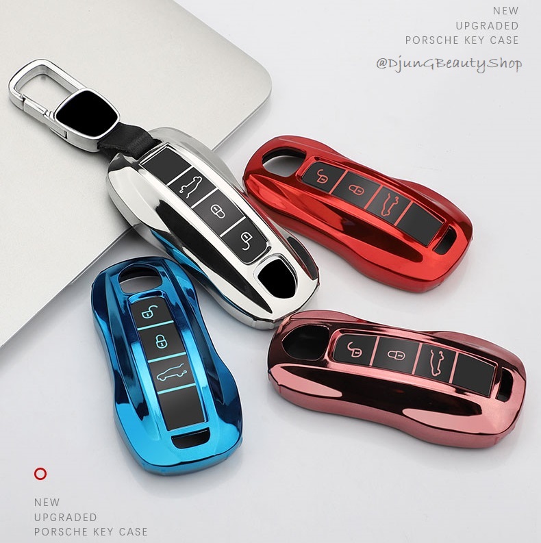 กรอบเคสกุญแจรีโมทรถยนต์สมาร์ทคีย์ Porsche Premium Grade แบบใหม่ 2020 (New VIP Key Shell, TPU Key Cover with Colorful PC Push button Guard) Porsche Key Case Panamera,Cayman,Boxster,Cayenne,Macan,911,718 Smart Key