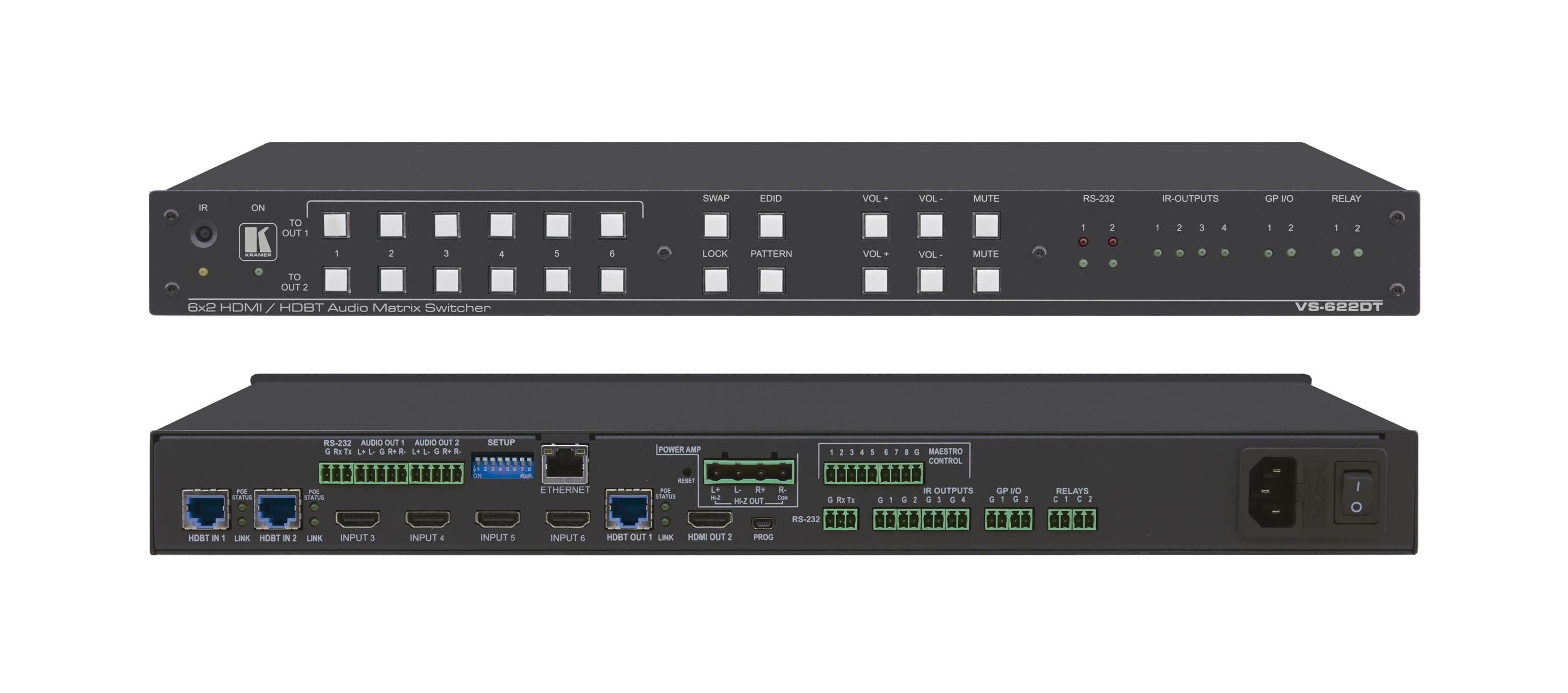Kramer VS-622DT All–in–One Presentation System with 6x2 4K60 4:2:0 HDMI/HDBaseT Matrix Switching, Control Gateway, PoE, Power Amplifier & Maestro Room Automation