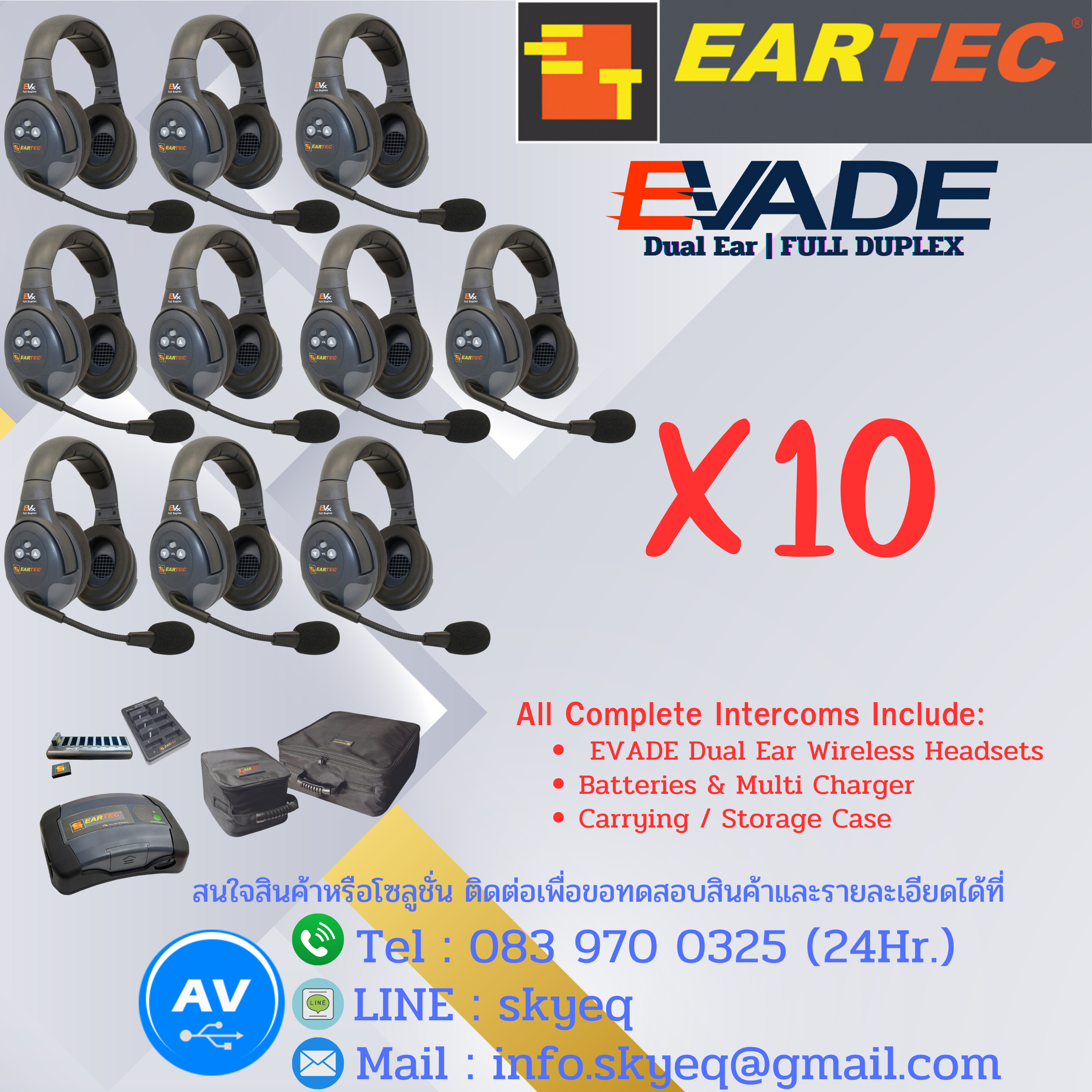 EVADE Double Channel Light Industrial Full Duplex Wireless System Dual Speaker Headsets – EVx10D-CM Four Double EVADE, One C-Mod, Batteries, Charger, Case