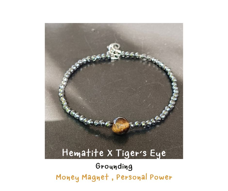 Plus Size 8นิ้ว สร้อยข้อมือหินแท้ Hematite + Tiger's Eye Bracelet (Grounding , Protection)