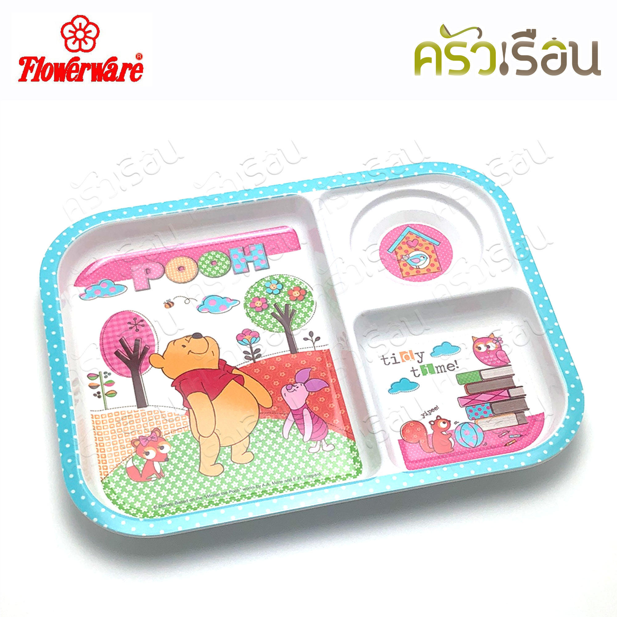 Flowerware ลาย Pooh Blue Spot white หมีพูห์ พูห์ บลู สปอต ไวท์ [ ราคาต่อชิ้น ] ชาม หรือ แก้วน้ำ หรือ ถาดหลุม เมลามีน