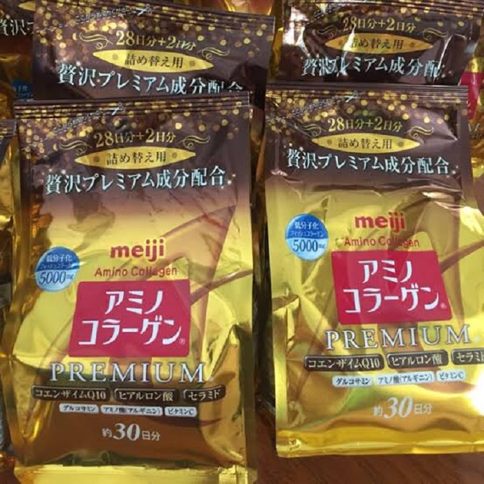 Meiji Amino Collagen Premium Refill 214g.รุ่นพรีเมี่ยม ผิวเด้งใสแน่นอน รุ่นใหม่ เมจิ คอลลาเจน รุ่นพรีเมียม สีทอง เพิ่มเซรามิโดะ + Hyaloronich + Q10 + Vit C
