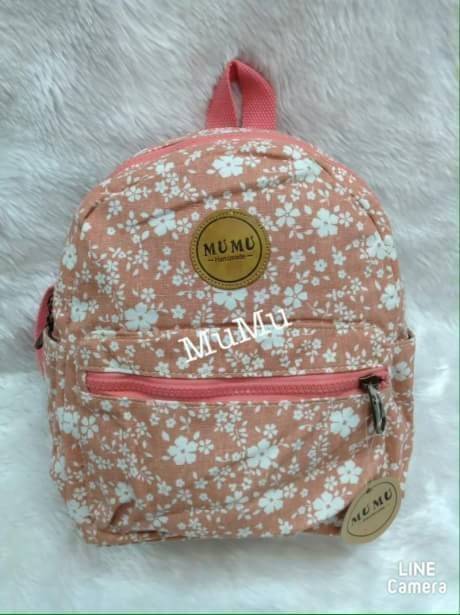กระเป๋าเป้ผ้าสะพายหลัง mumu เป้เล็ก ลายดอกไม้ สีชมพู ขาว