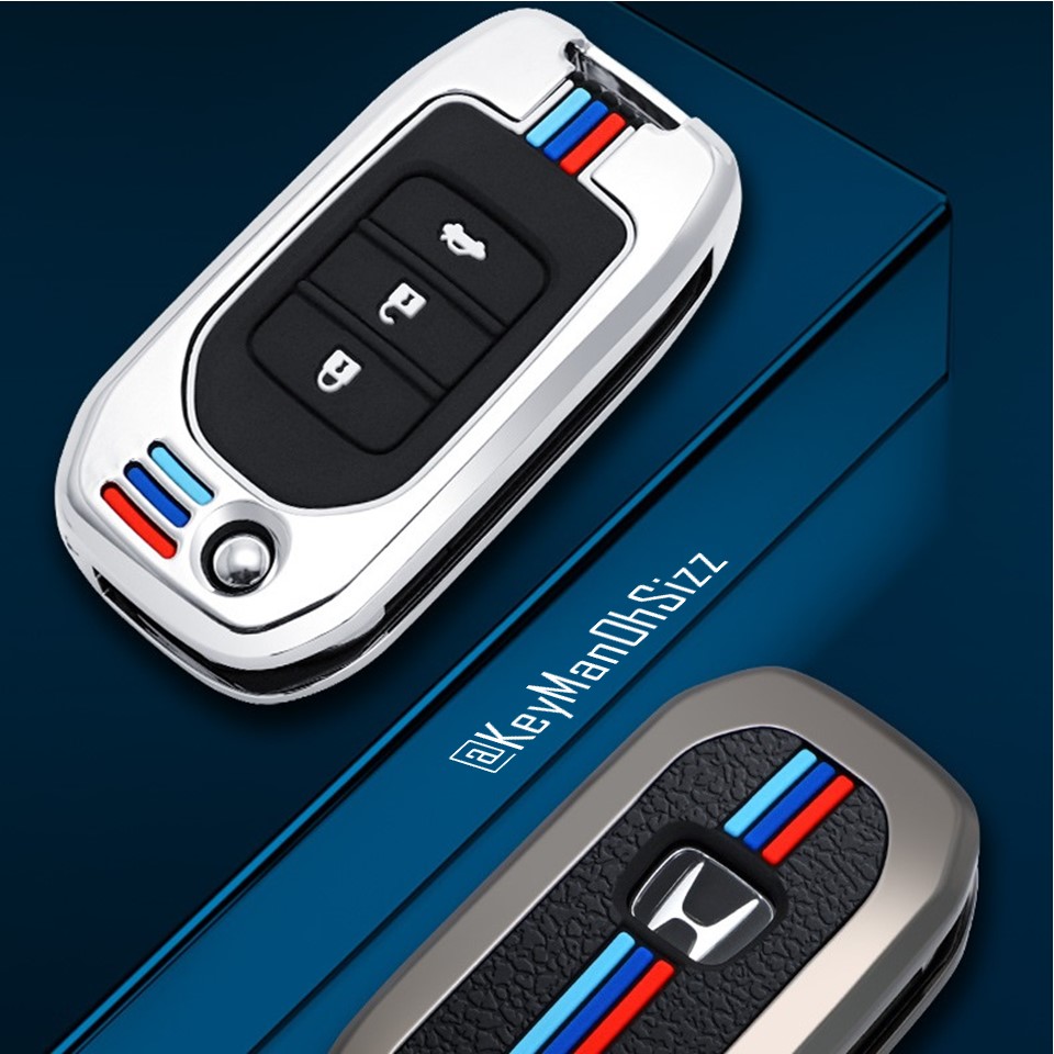 เคสโลหะรีโมทรถ Honda กุญแจพับข้าง Folding Key Case Full Package 2021 (Alloy Up Grade Luminescence 3D Silicone Push button Guard) Honda Key Sets Model Jazz, City 2014-2019 พับข้าง 2 และ 3 ปุ่ม Metal Protective Case Zinc Alloy