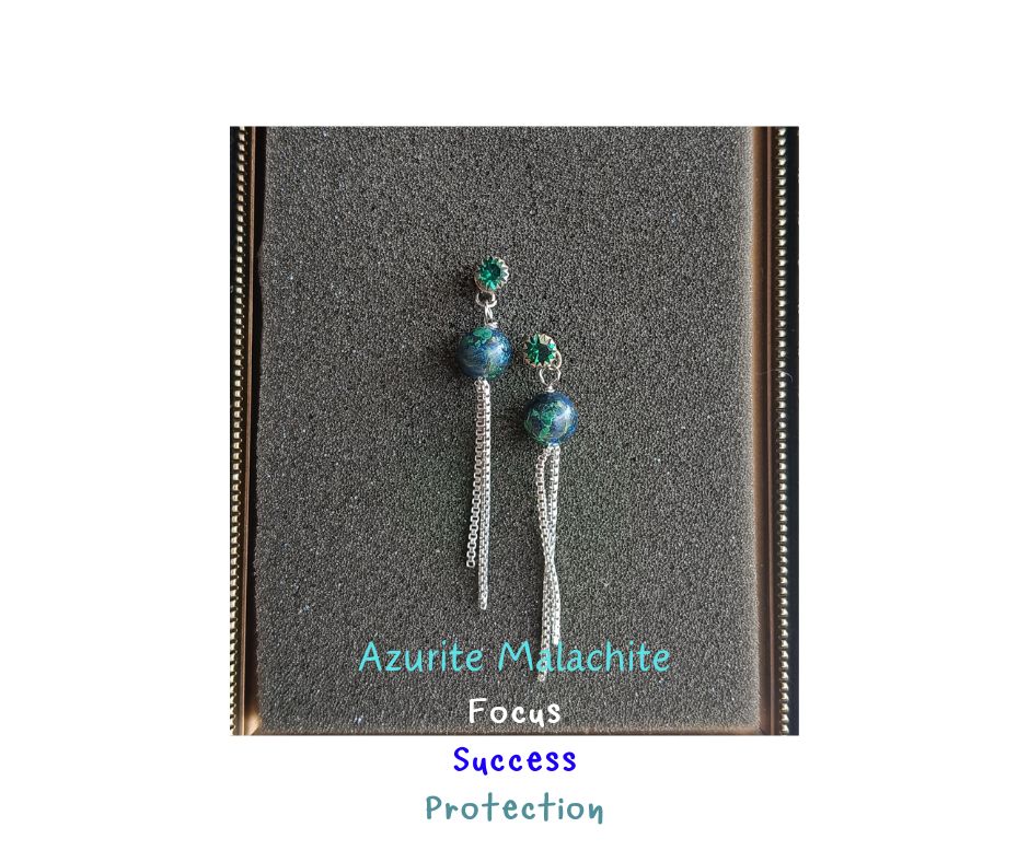 "Octopus" ต่างหูเงินแท้ 92.5 ปักก้านพลอยกระจก พร้อมประดับหินแท้ Azurite Malachite S925 Stud Earring (ดึงดูดความสำเร็จ โชคลาภ)