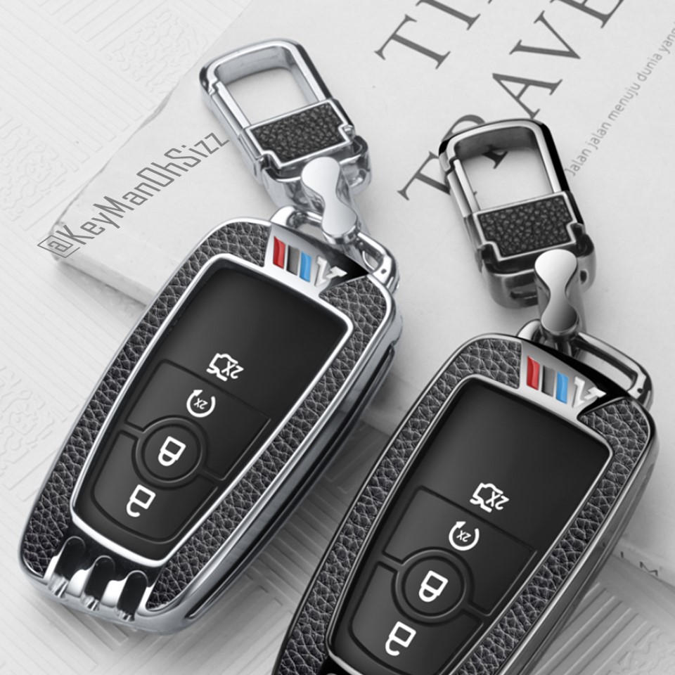 เคสโลหะรีโมทรถฟอร์ด Ford Everest New Leather Alloy Full Package 2020 (Alloy Up Grade 3D Silicone Push button Guard) Ford Key Case Ford Everest, Ranger, Raptor 2018-2020 Smart Key รุ่น 3 และ 4 ปุ่ม