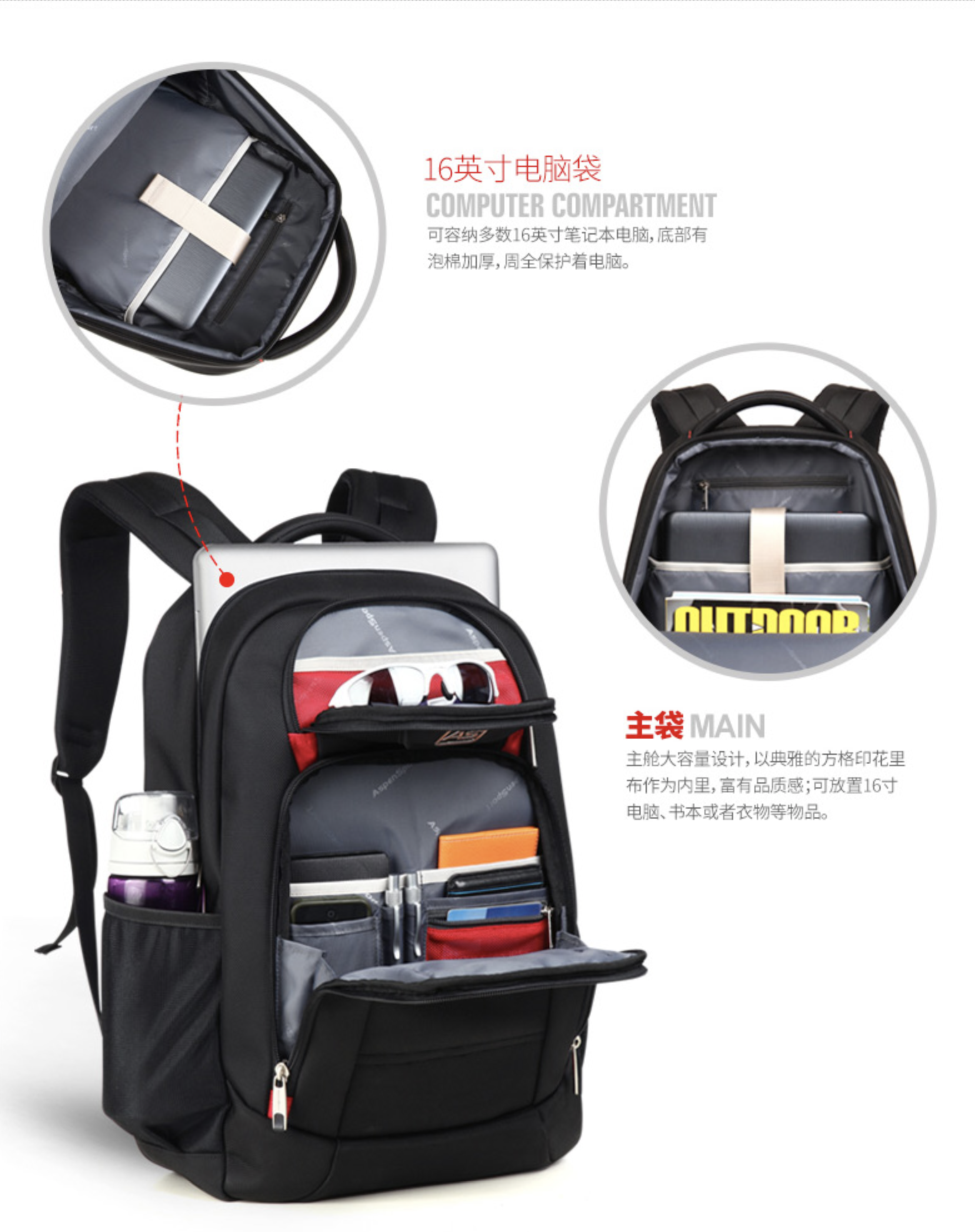 Aspensport กระเป๋าเป้ สะพายหลัง ชาย หญิง Laptop 15-16 นิ้ว รุ่น AS-B22 สีดำ-แดง