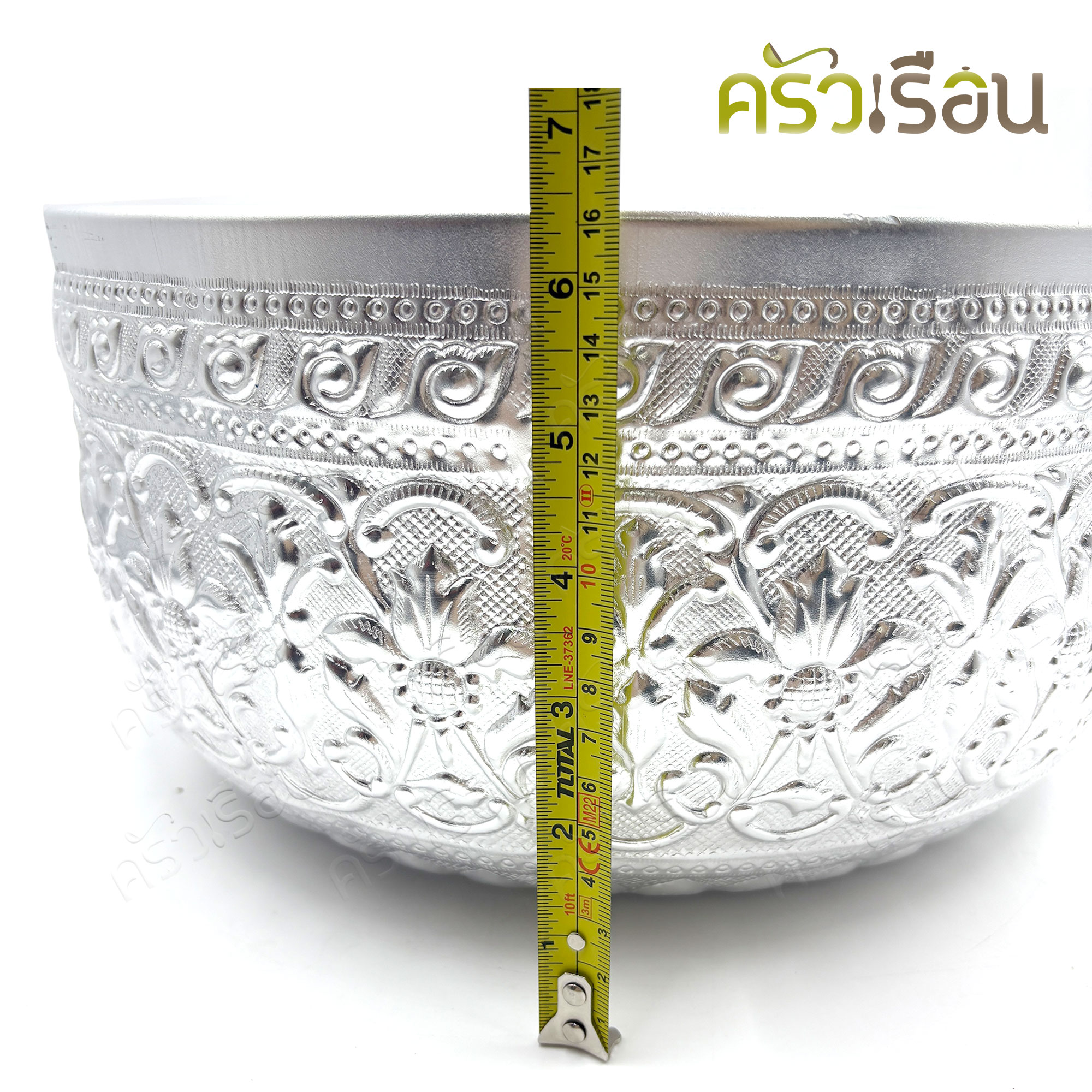 FLOWER BRAND Water bowl, Songkran bowl, aluminum, Thai pattern, silver color, 32 cm, with legs, flower brand