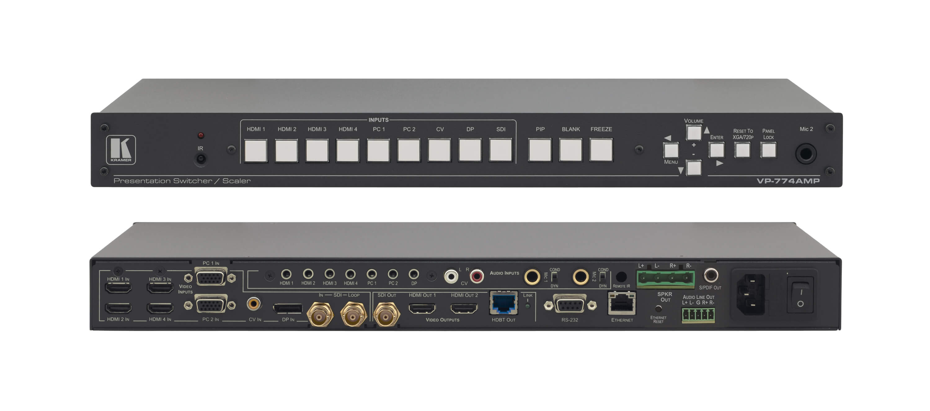 Kramer VP-774A 9–Input HDMI & HDBaseT ProScale™ Presentation Switcher/Scalers with 2K Support and Audio Power Amplifier