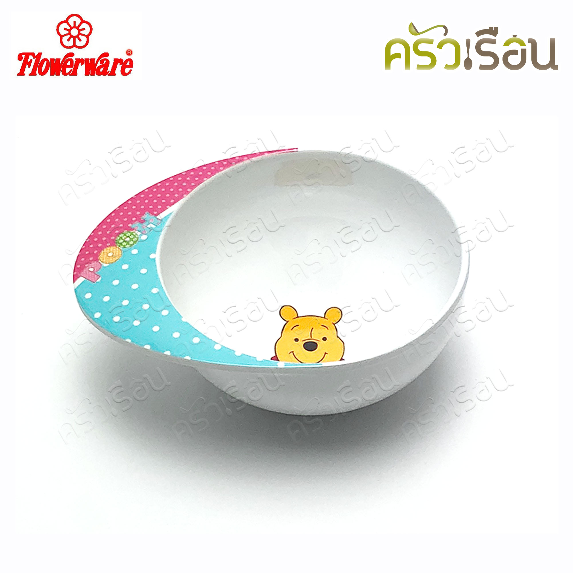 Flowerware ลาย Pooh Blue Spot white หมีพูห์ พูห์ บลู สปอต ไวท์ [ ราคาต่อชิ้น ] ชาม หรือ แก้วน้ำ หรือ ถาดหลุม เมลามีน