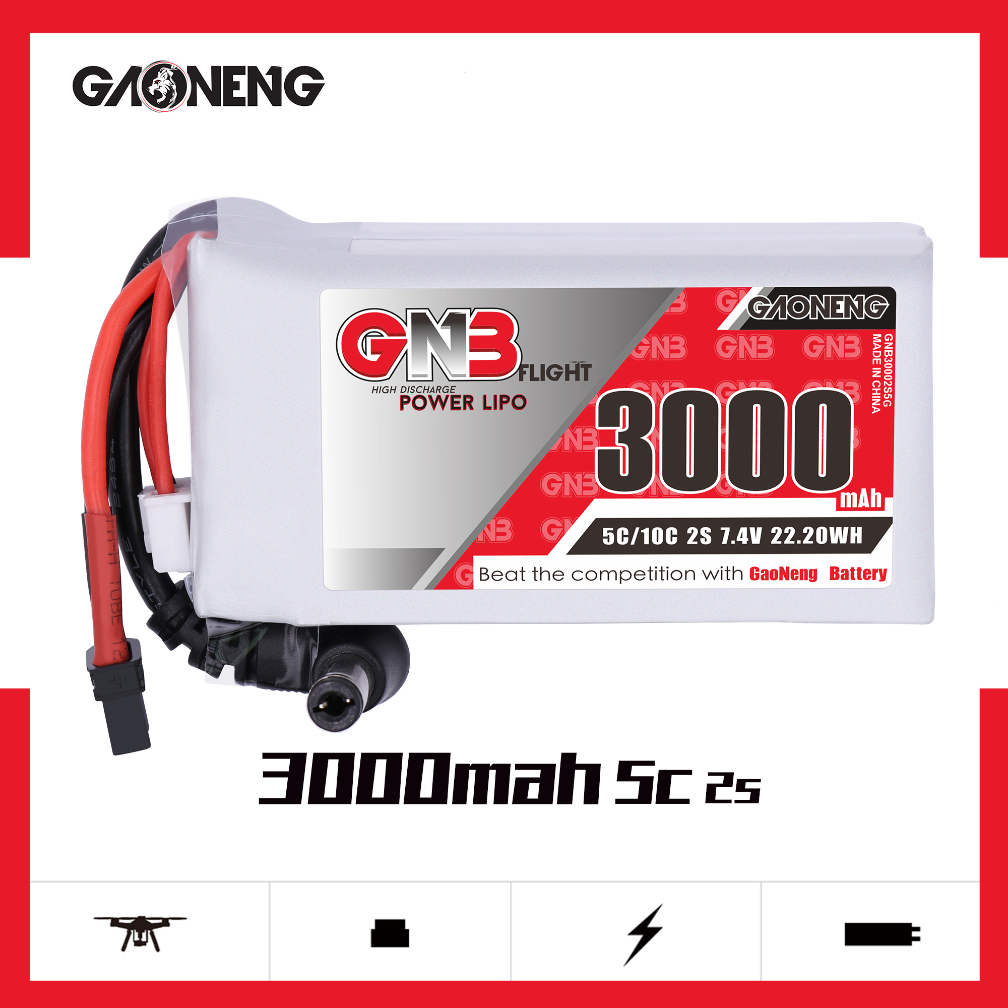 GNB 2S 3000mAh 7.4V 5C 10C LiPo Battery for Fat Shark Fatshark , DJI FPV , Skyzone แบตแว่น FPV แบตเตอรี่
