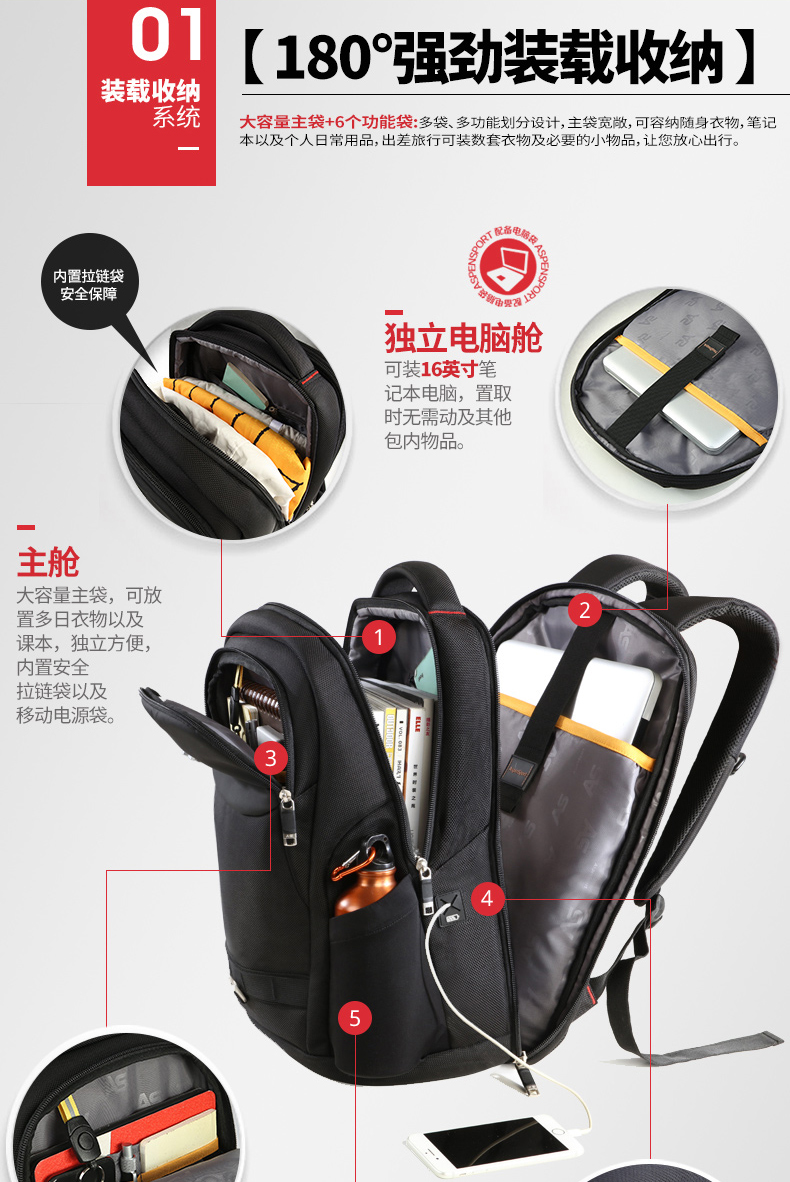AspenSport Backpack Laptop กระเป๋าสะพายหลัง กระเป๋าโน๊ตบุ๊ค 14-16 นิ้ว กระเป๋าเดินทาง รุ่น AS-B86L ขนาด สีดำ