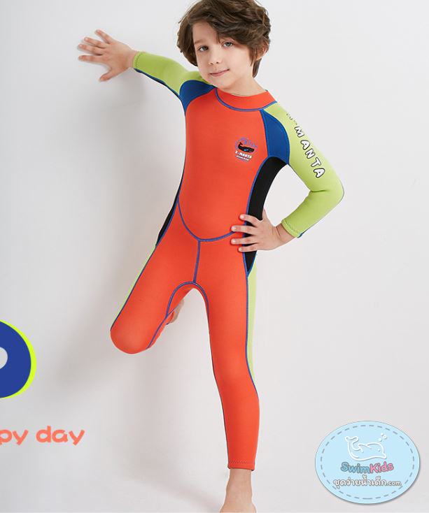 ชุดว่ายน้ำเด็กควบคุมอุณหภูมิ เป็นชุด wetsuit เหมาะกับการใส่ว่ายน้ำหรือดำน้ำ ผลิตจากผ้า Neoprene หนา 2.5 mm. ป้องกันความหนาว / ป้องกันรังสี UV Ultraviolet Protection UV ** wetsuit แขนยาวขายาว ซิปหลัง สวมใส่ง่าย (มีเชือกดึงซิป) **