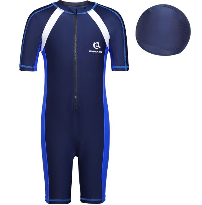 ชุดว่ายน้ำเด็กบอดี้สูทแขนสั้น ขาสั้น ซิปหน้าสีกรมท่า แถบสีน้ำเงิน ** ใส่ได้ทั้ง ดช / ดญ**