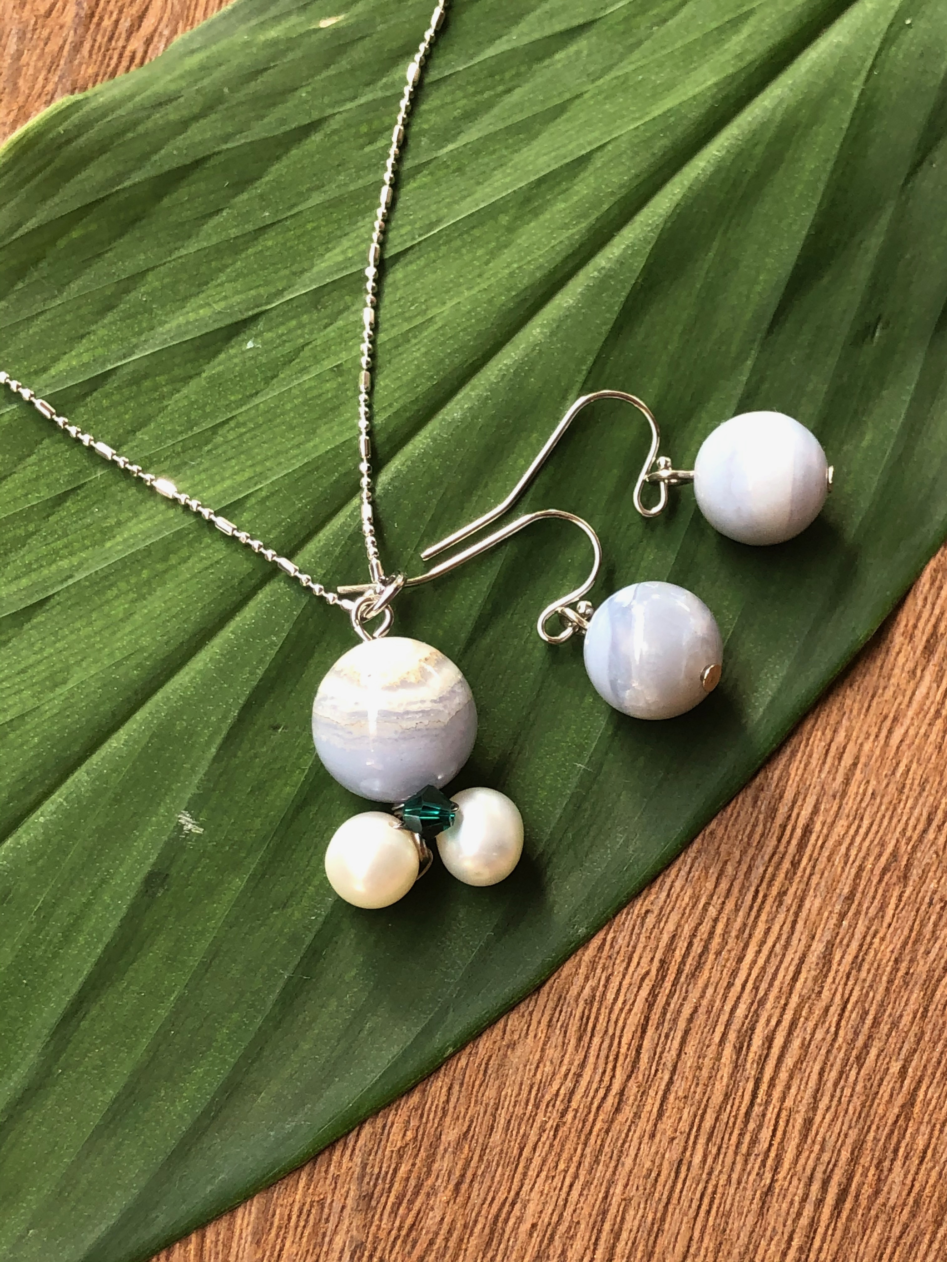 Blue Lace Agate Set ชุดสร้อยจี้ พร้อมต่างหู Blue Lace Agate