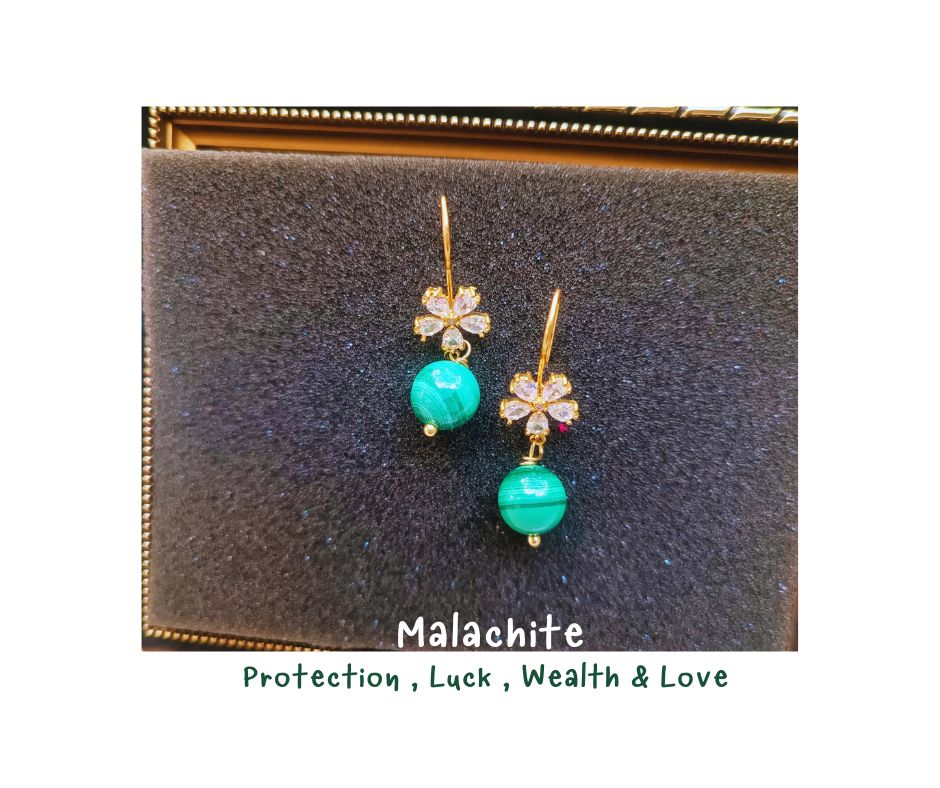 Dazzling 14K ต่างหูหินแท้ Malachite Earring (หินผู้พิพักษ์ เสริมการเงิน การงาน ความสำเร็จ)