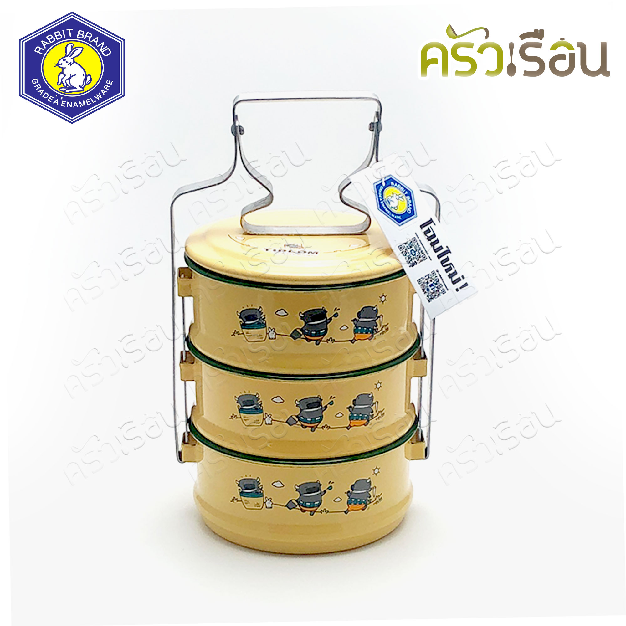 Rabbit Brand ปิ่นโตเคลือบ 14 ซม. 3 ชั้น ลายการ์ตูน ติดลมห้อยเวหา Tidlom The Sky Hanger ปิ่นโตโบราณ ปิ่นโต enamel ตรากระต่าย
