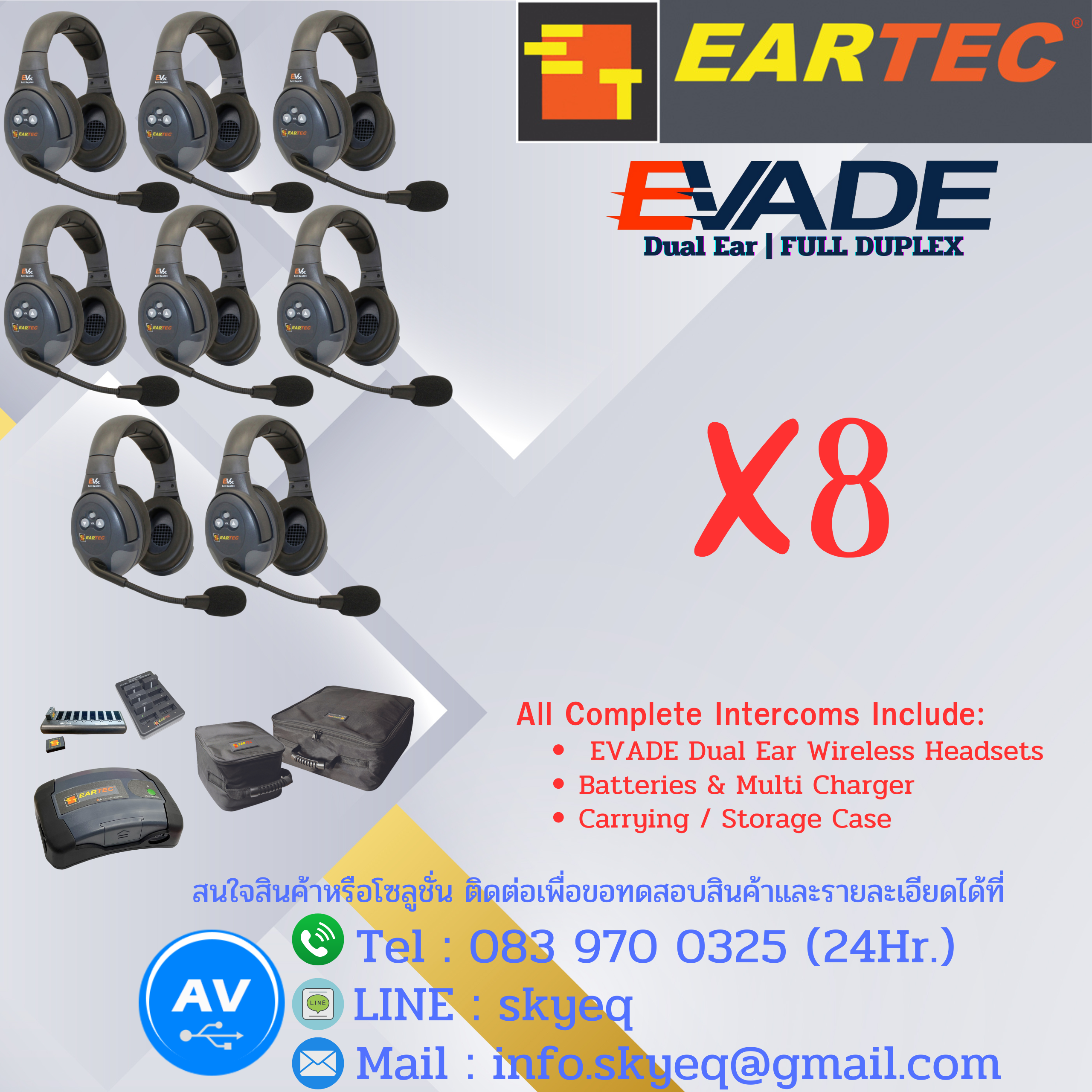 EVADE Double Channel Light Industrial Full Duplex Wireless System Dual Speaker Headsets – EVx8D-CM Four Double EVADE, One C-Mod, Batteries, Charger, Case