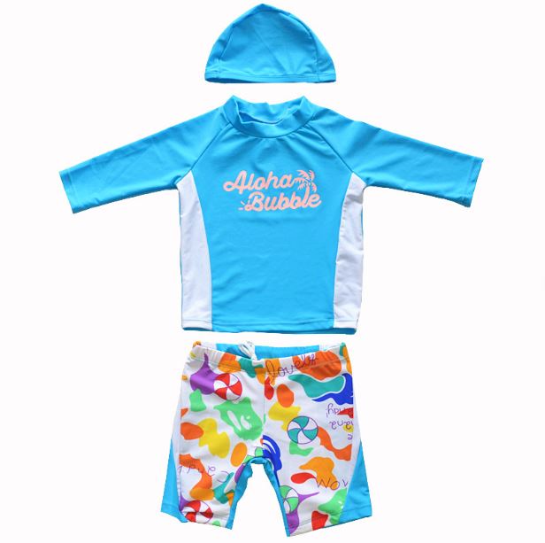 ชุดว่ายน้ำเด็กผู้ชายป้องกันรังสีUV สีฟ้า รุ่น Aloha เอวกางเกงมีเชือกผูก ปรับขนาดได้