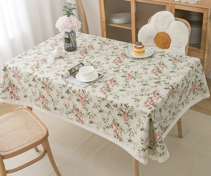 ผ้าปูโต๊ะอาหาร ผ้าปูโต๊ะลายวินเทจ 145x200 cm กุหลาบสีครีม