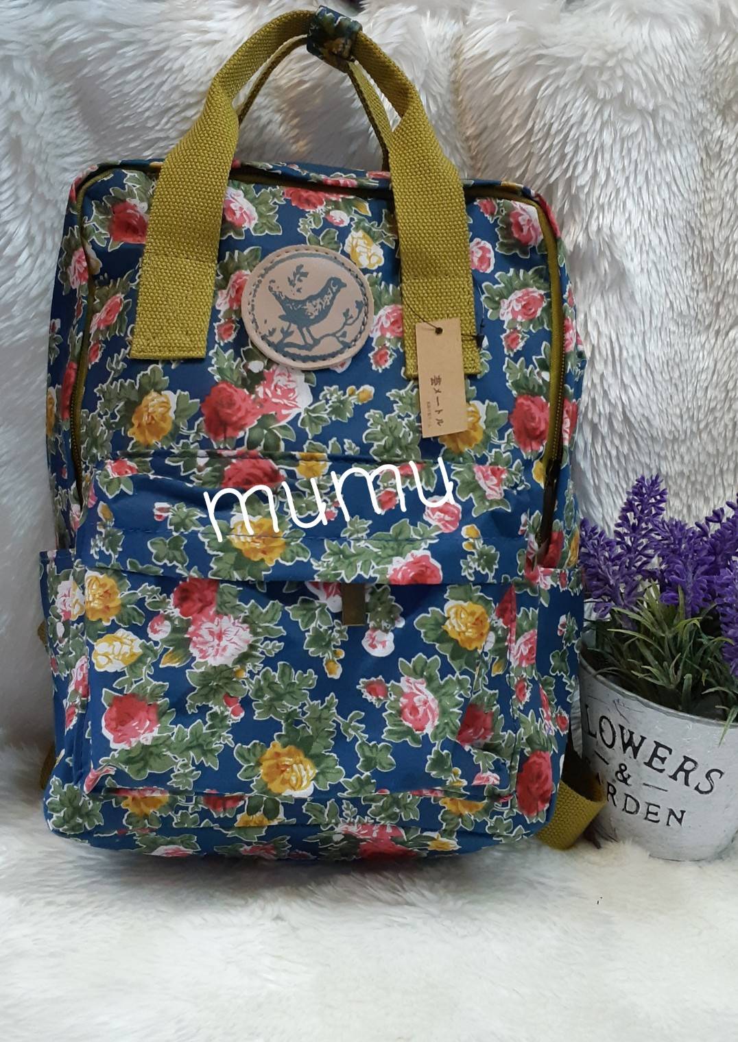 กระเป๋าเป้ผ้าสะพายหลัง mumu ผ้าเคลือบกันน้ำ ลายดอกไม้นำ้เงินเขียวขี้ม้า (Size S)