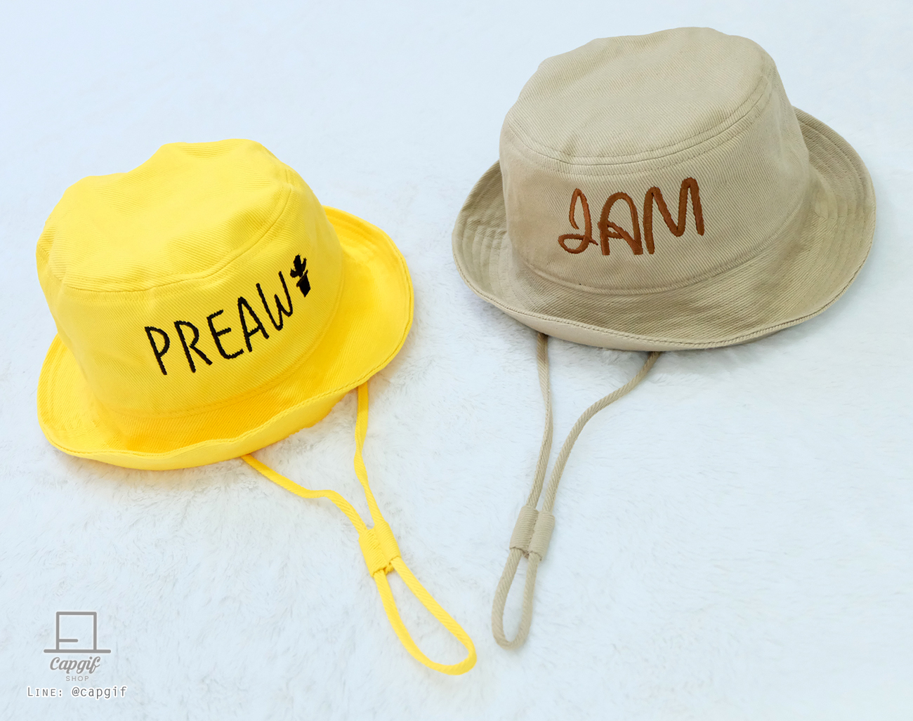 หมวกบัคเก็ต(bucket)มีสายรัดปักชื่อ