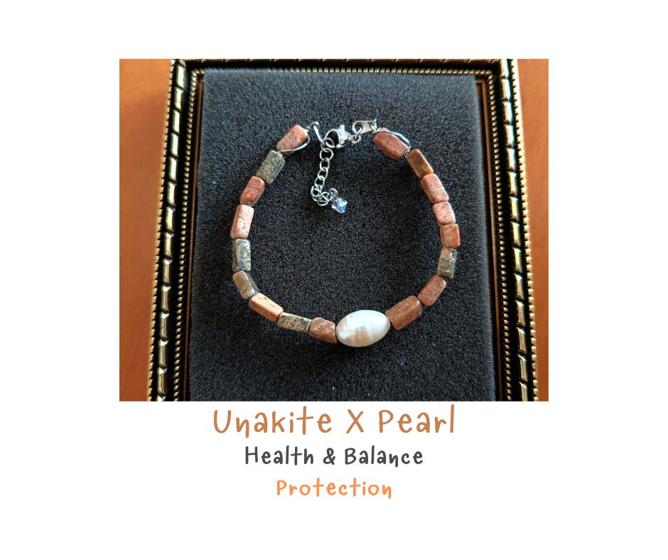 สร้อยข้อมือหินแท้ "Twisted" Unakite + Pearl Bracelet (พลังความมั่นใจ ความกล้า เพื่อเป้าหมายที่ต้องการ)