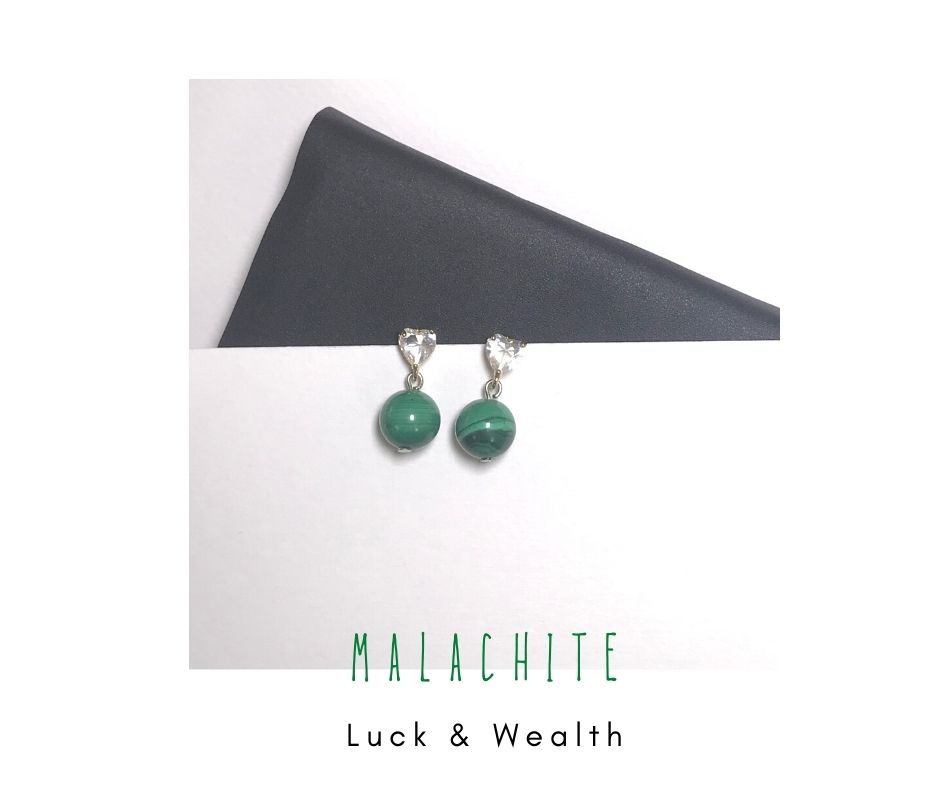 ต่างหูหินแท้ "14K" Malachite Earrings (Luck & Wealth)
